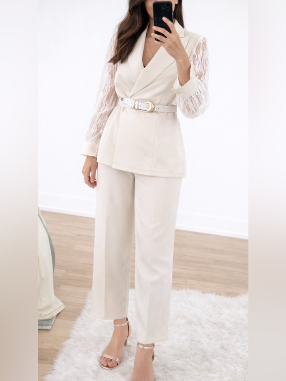 Womens Size 4 Cream Ivory Pantsuit Lace Sleeve Blazer Belted Elegant Chic Set